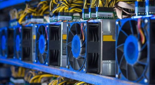 A high-density mining rig setup, showcasing the scale of a typical mining operation.
